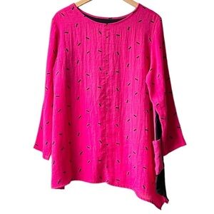 Fridaze Linen Lagenlook Asymmetrical Pink Black Dot Blouse Pullover Tunic Sz M
